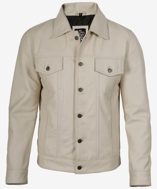 Men’s Off-White Real Leather Trucker Jacket – Four-Pocket Style