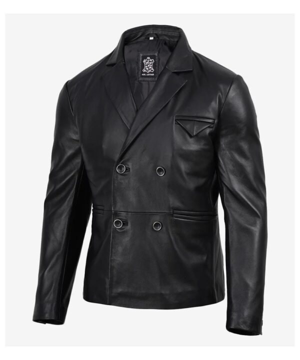 Men’s Black Leather Blazer – Classic Double-Breasted Fit