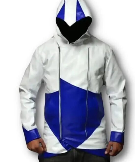 Assassins Creed White and Blue Hooded Leather Coat