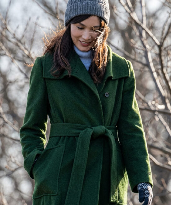Gemma Chan Eternals 2021 Long Green Coat