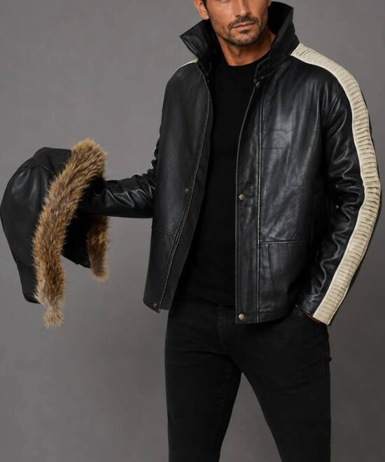 Mens Original Fur Detachable Hood Vintage Celebrity Leather Jacket