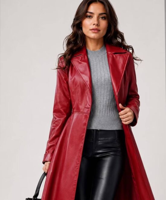 Women's Blood Red Lambskin Leather Trench Coat - Long Fashion Jacket