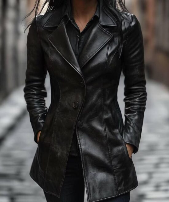 Women's Black Lapel Button Leather Jacket | women business Coat