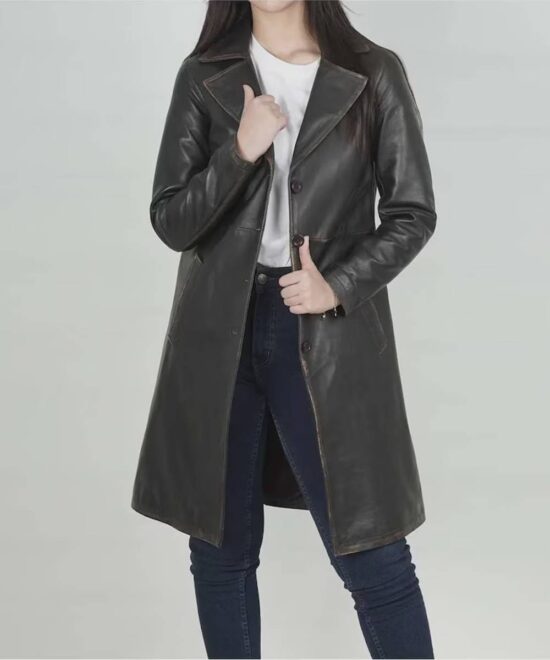 Women's Distressed Brown 3/4 Length Real Leather Coat