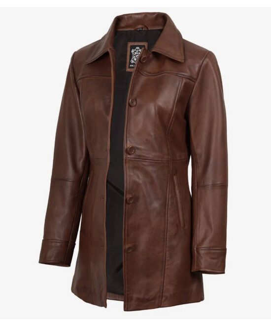 Womens 3/4 Length Cognac Leather Coat