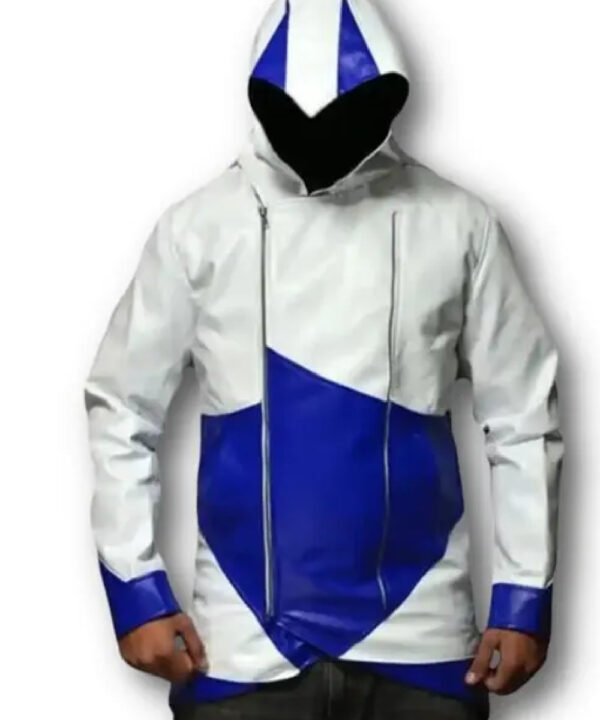 Assassins Creed White and Blue Hooded Leather Coat