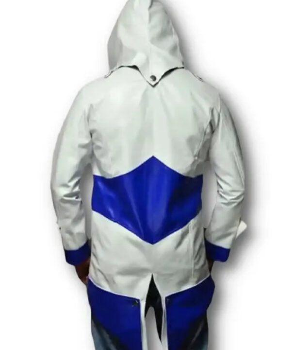 Assassins Creed White and Blue Hooded Leather Coat