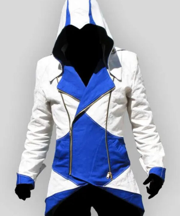 Assassins Creed White and Blue Hooded Leather Coat