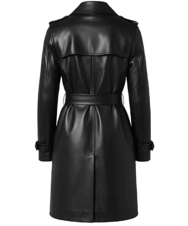 Casey Hip Length Belted Black Leather Long Trench Coat