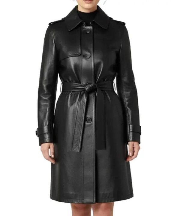 Casey Hip Length Belted Black Leather Long Trench Coat