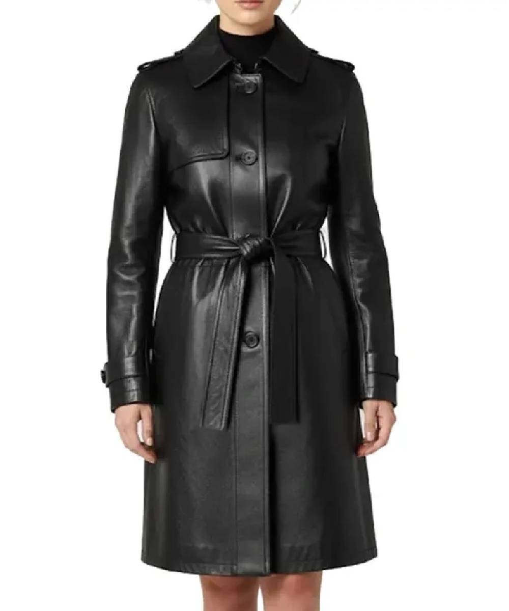 Casey Hip Length Belted Black Leather Long Trench Coat