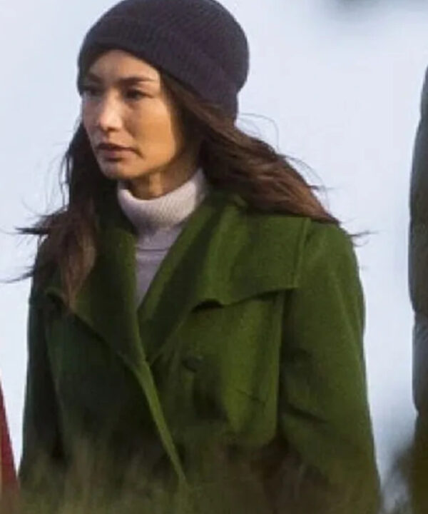 Gemma Chan Eternals 2021 Long Green Coat