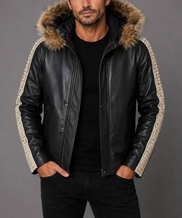 Mens Original Fur Detachable Hood Vintage Celebrity Leather Jacket
