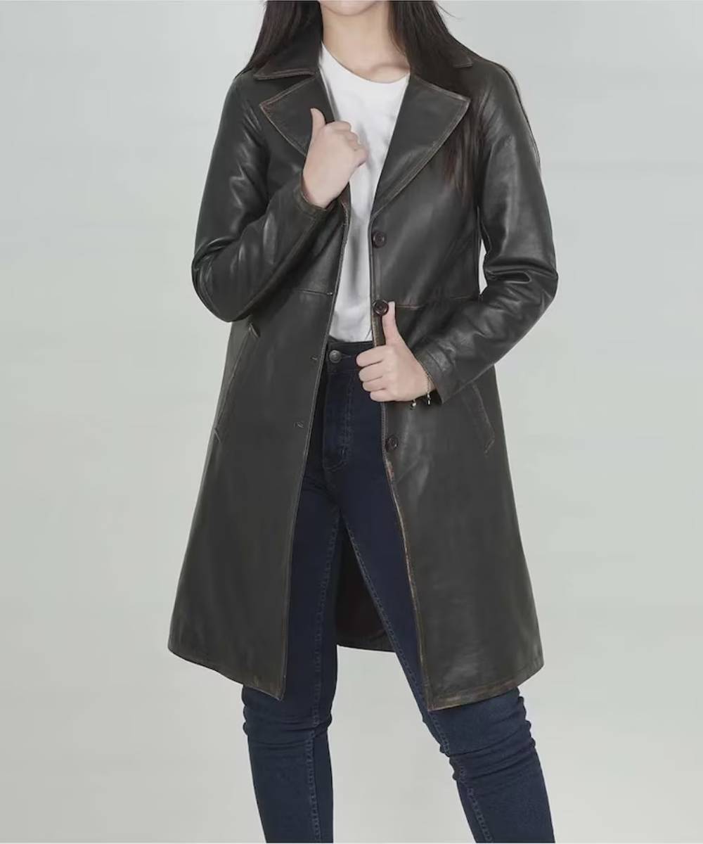 Women's Distressed Brown 3/4 Length Real Leather Coat