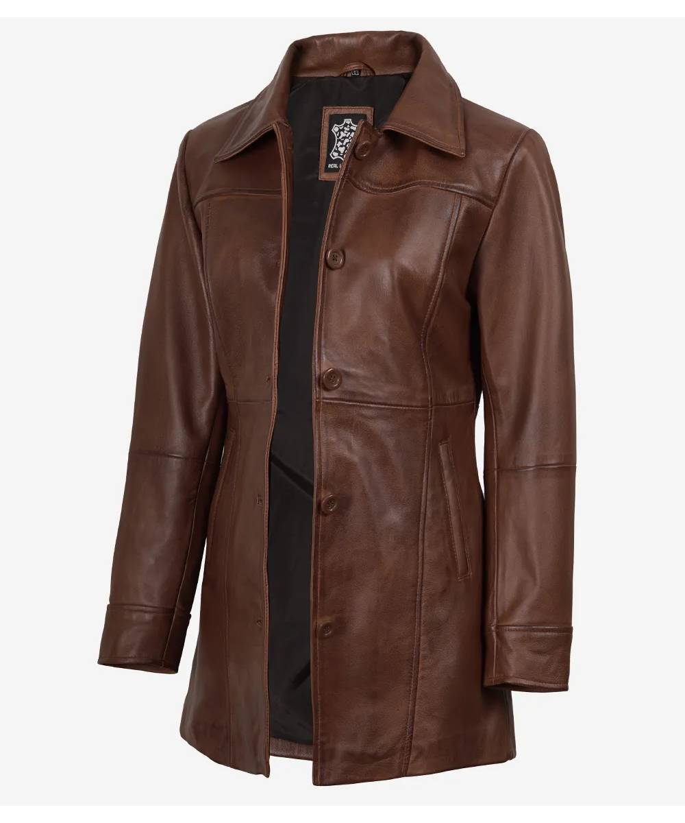 Womens 3/4 Length Cognac Leather Coat